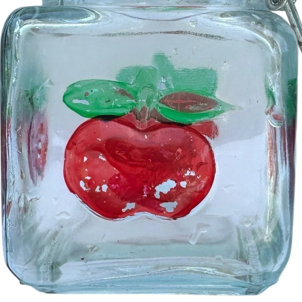 Red Apple Glass Canister Set of 3 Square Jars Vintage Locking Lids Farmhouse